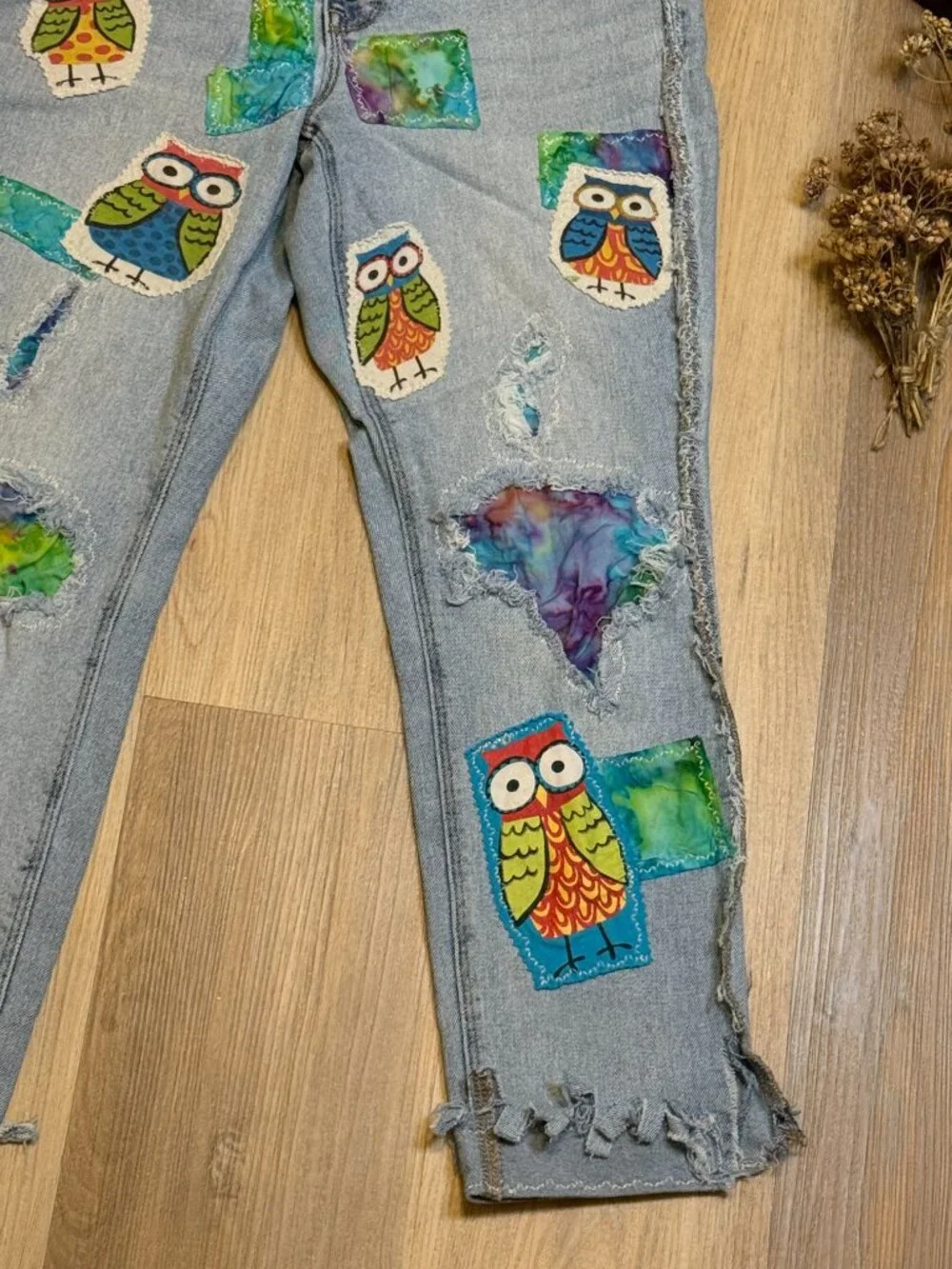 Upcycled Owl Patchwork Jeans | Wide Leg Denim, Visible Mending Art, Cropped Hem